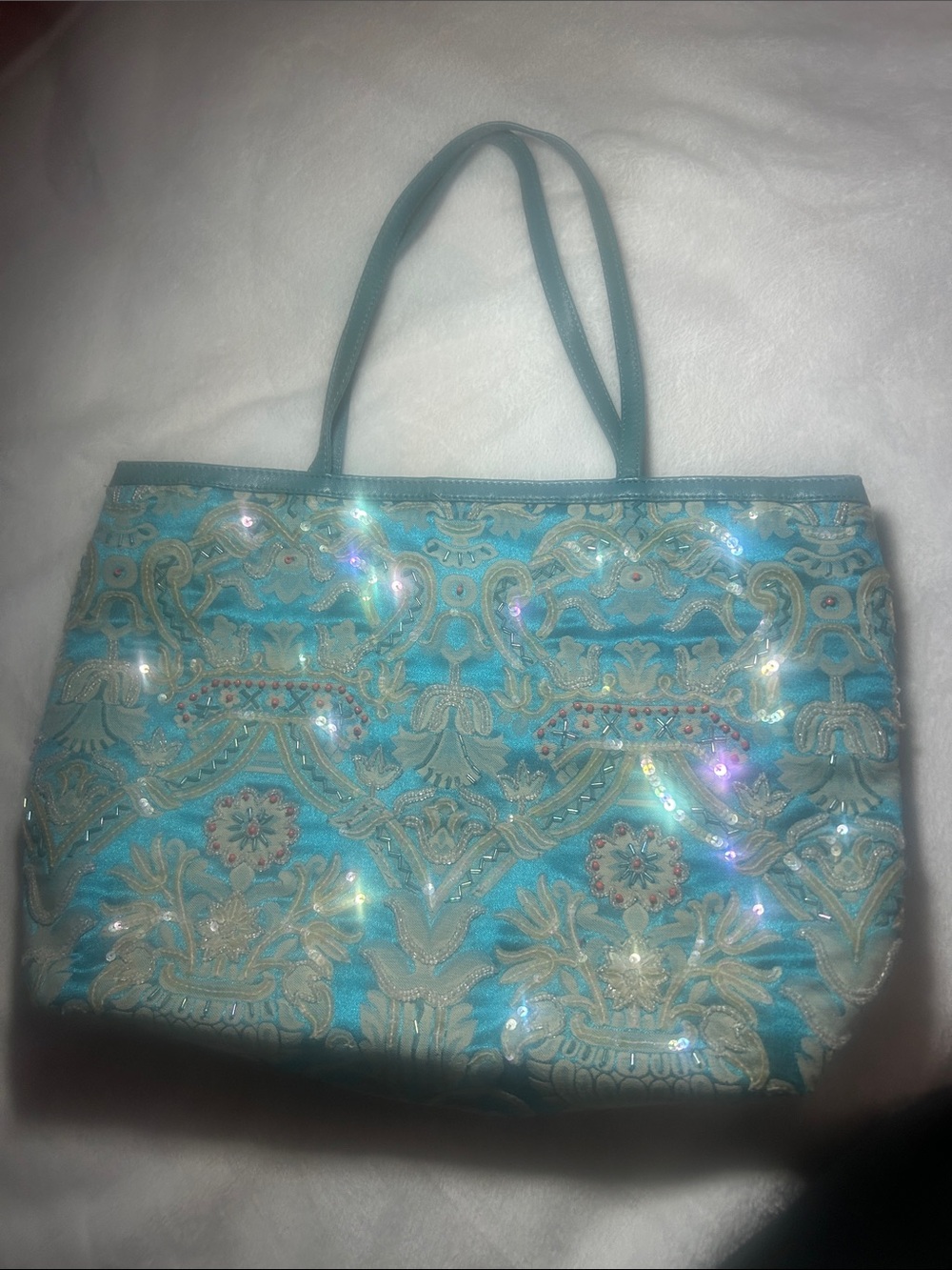 Sequin Embellished Turquoise Tote Bag